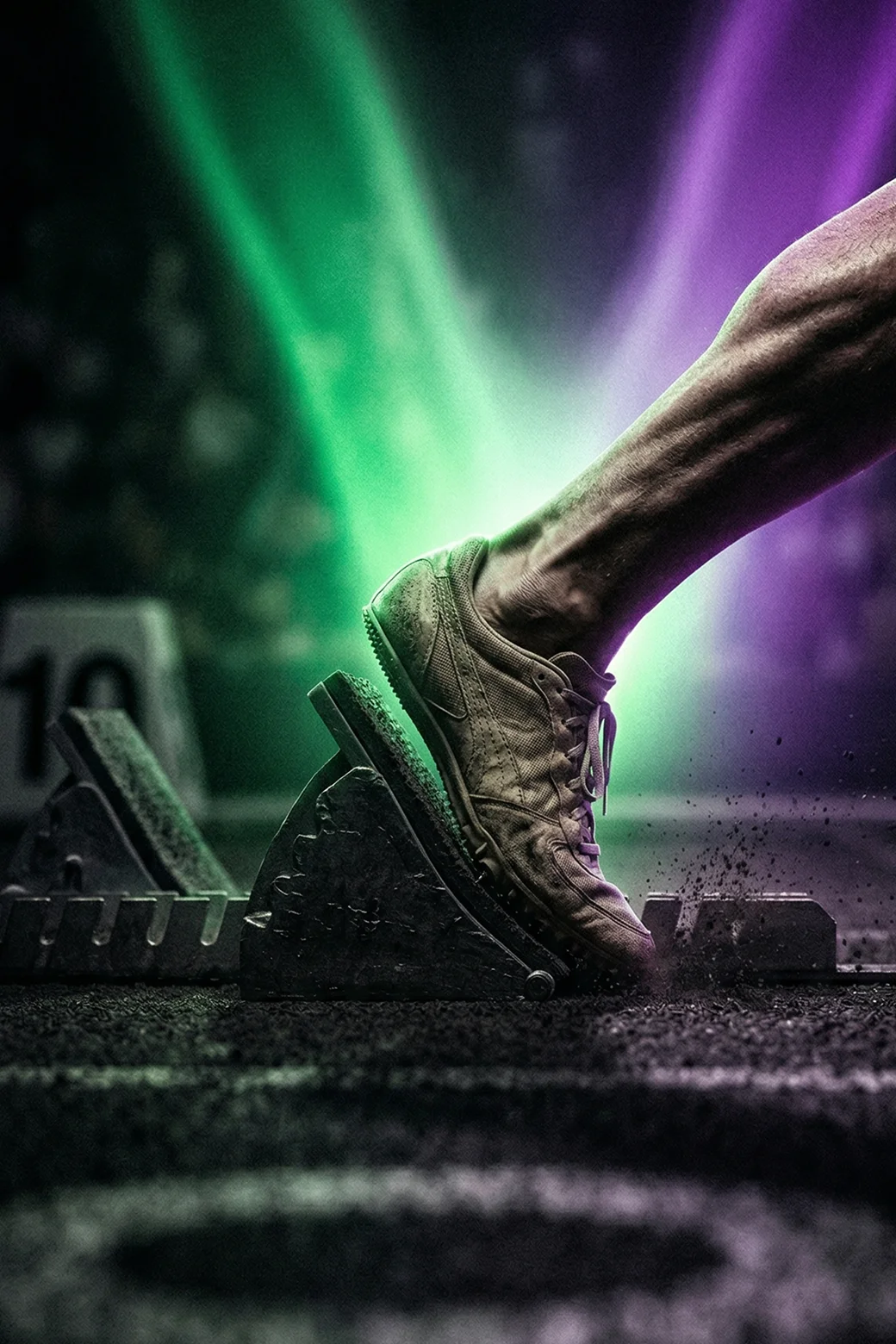 Launchpad-athlete-starting-block-on-track-particles-green-purple