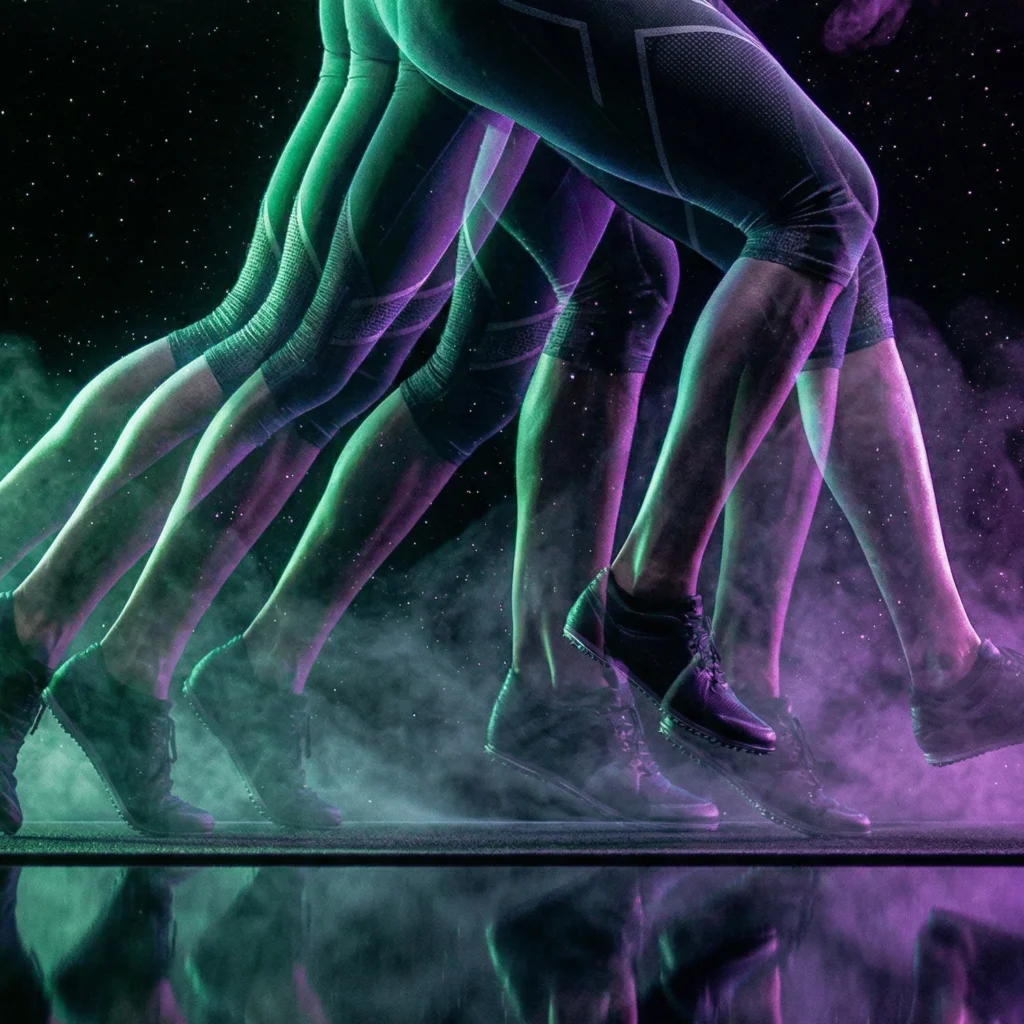 saffary.digital social media active growth green and purple smoke athlete running motion blur square