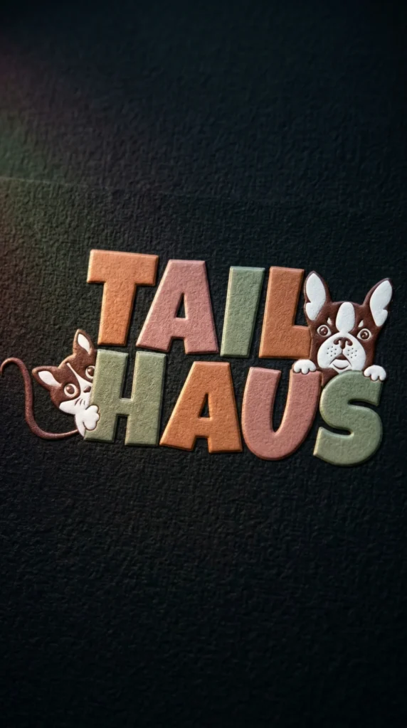 saffary.digital brand DNA Tailhaus logo bevel emboss on black textured paper vertical