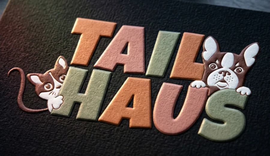 saffary.digital brand DNA Tailhaus logo bevel emboss on black textured paper horizontal