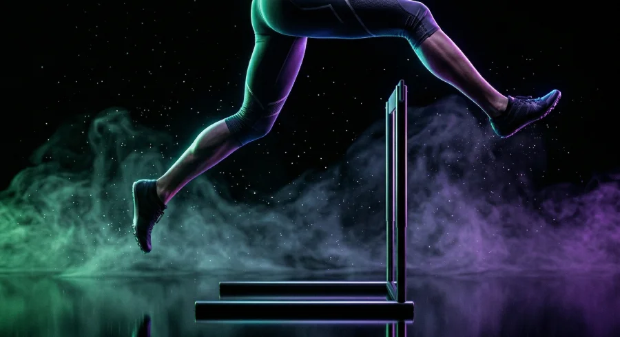 saffary.digital social media brand foundation green and purple smoke athlete jumping over hurdle horizontal