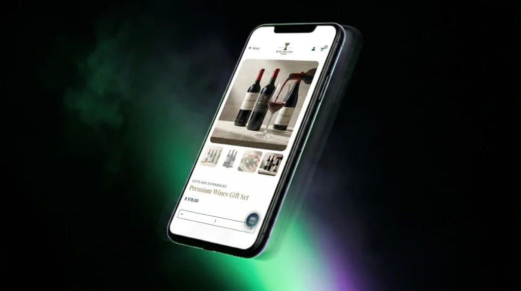 saffary.digital ecommerce architecture green and purple glow phone mockup Boschkloof Wines online store horizontal