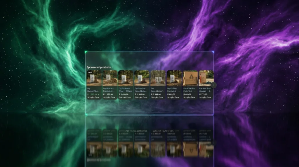 saffary.digital e-commerce growth green and purple glow glass mockup Stompies Wood shopping ad horizontal