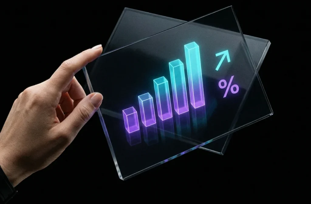 saffary.digital Executive Dashboard Analytics hand holding glass pane with glowing purple and cyan chart