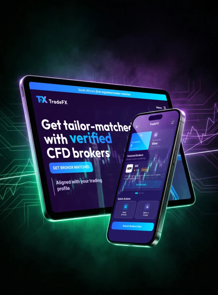 saffary.digital FinTech Architecture green and purple glow charts with tablet and phone mockup TradeFX website and app vertical