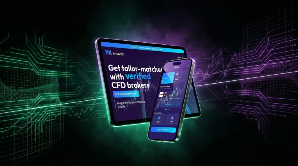 saffary.digital FinTech Architecture green and purple glow charts with tablet and phone mockup TradeFX website and app horizontal