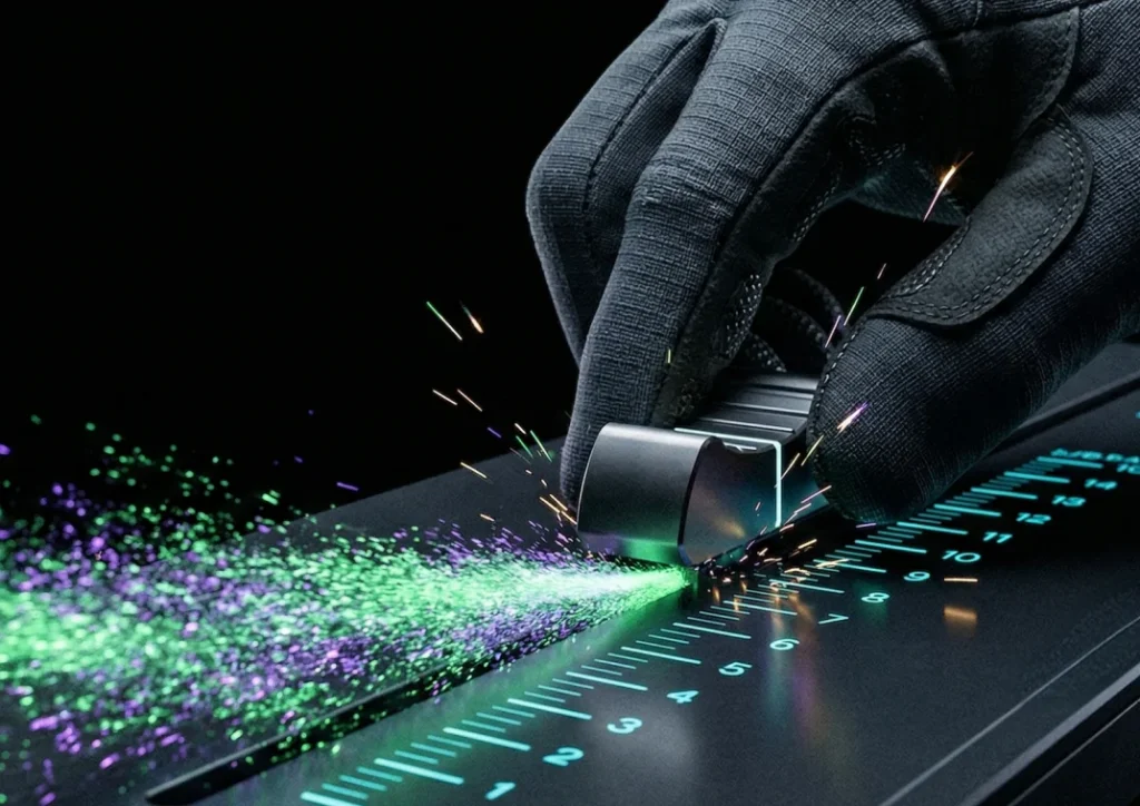 saffary.digital Growth Calibration Analytics hand pulling slider with purple and green sparks