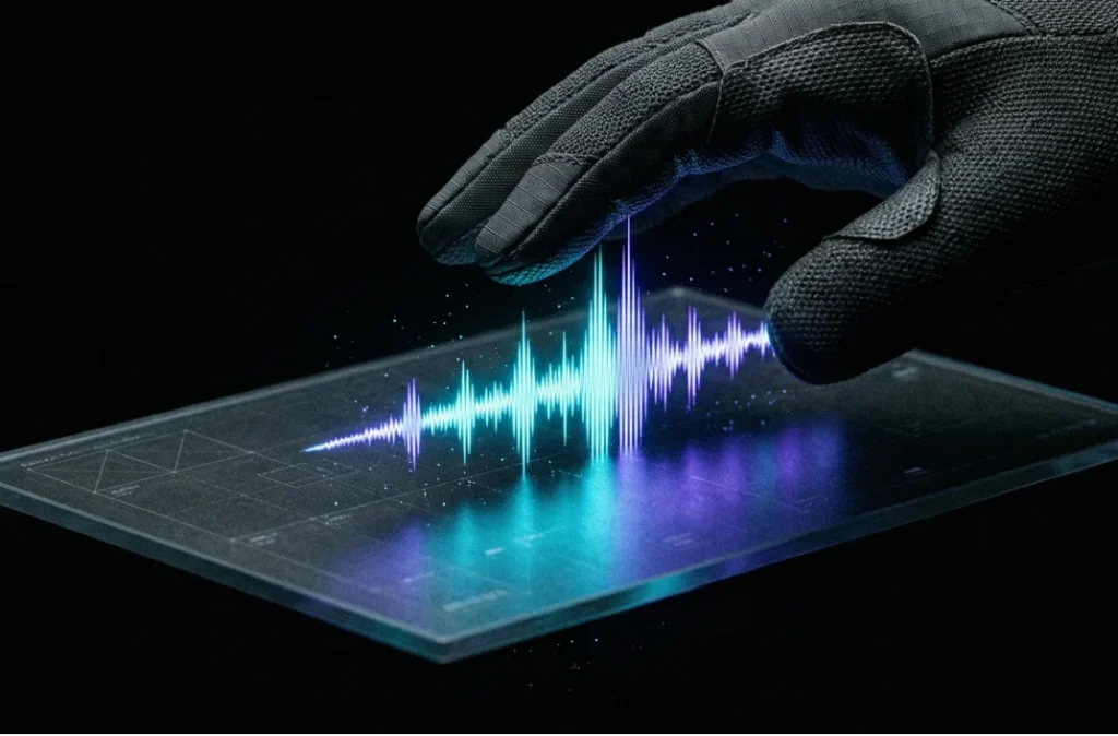 saffary.digital High-Signal Content Writing SEO hand hovering over purple and cyan sound waves