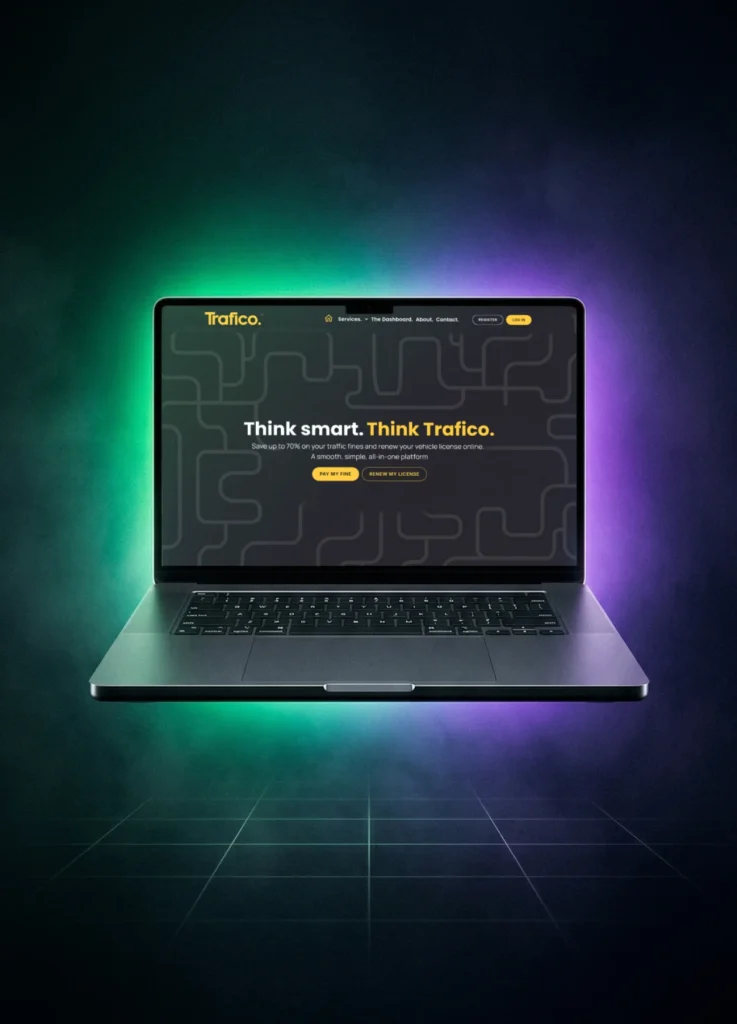 saffary.digital Lead-Gen Architecture green and purple glow with laptop mockup Trafico online vertical