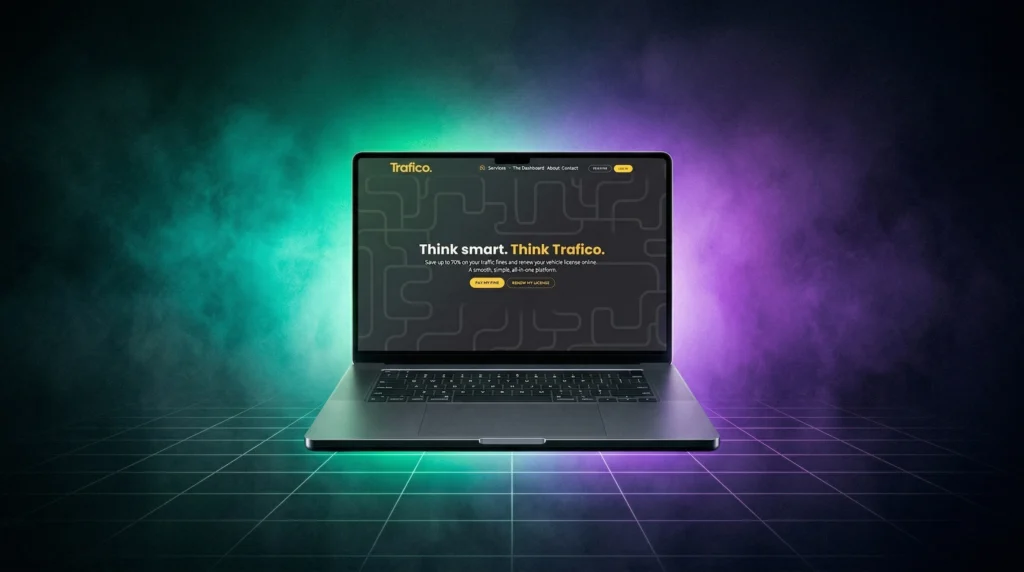 saffary.digital Lead-Gen Architecture green and purple glow with laptop mockup Trafico online horizontal