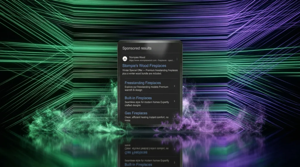 saffary.digital search intent green and purple glow tablet mockup Stompies Wood search ad horizontal