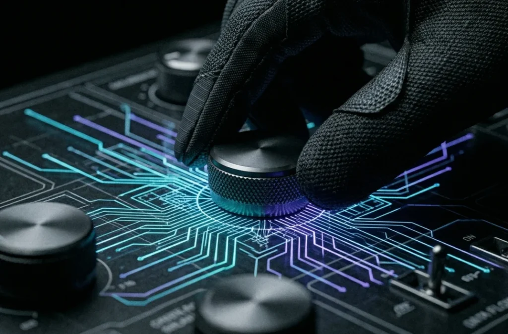 saffary.digital Technical Architecture SEO hand on round button with purple and cyan data lines