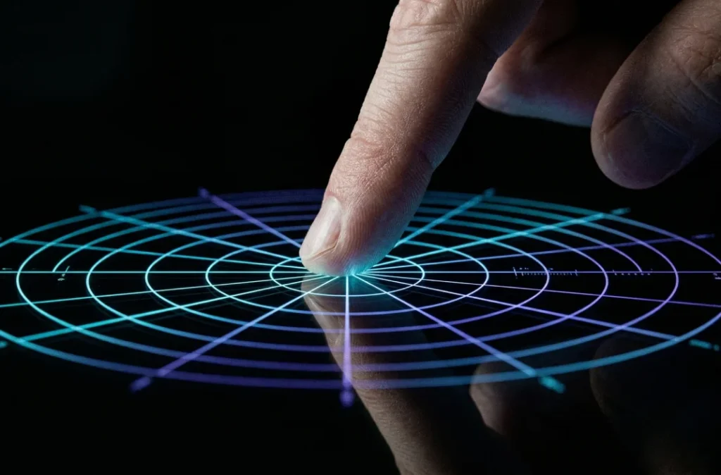 saffary.digital Telemetry Infrastructure Analytics finger on circular grid with purple and cyan data lines